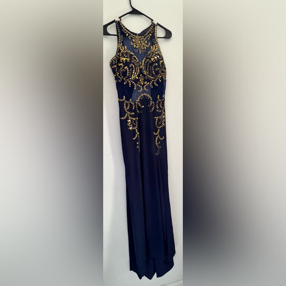Gold formal Navy Blue dress with mesh mid section and gold sequin/ beading.